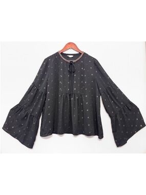 Altar'd State Black Gold Blouse Beaded Neckline Bell Sleeves Boho Whimsigoth XL